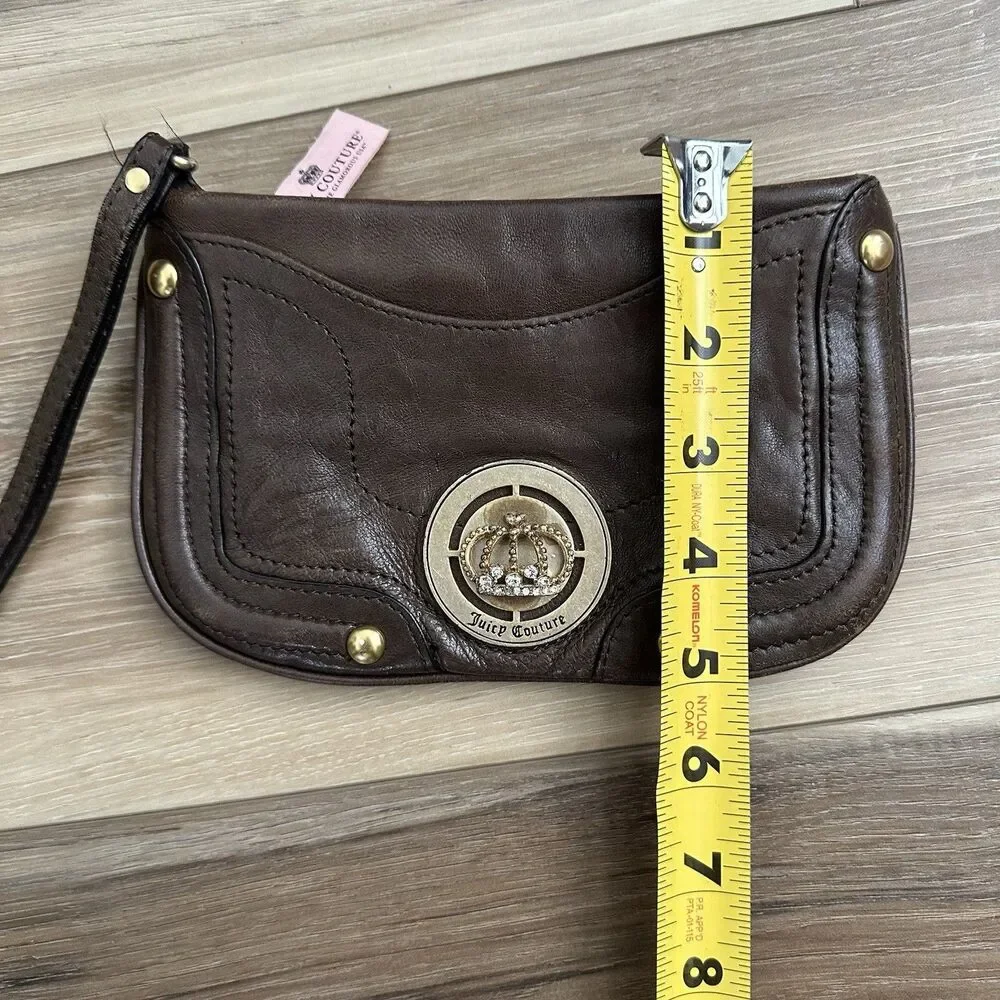 Vintage Juicy Couture Brown Leather Wristlet Crown Rhinestone Medallion Y2K Bag